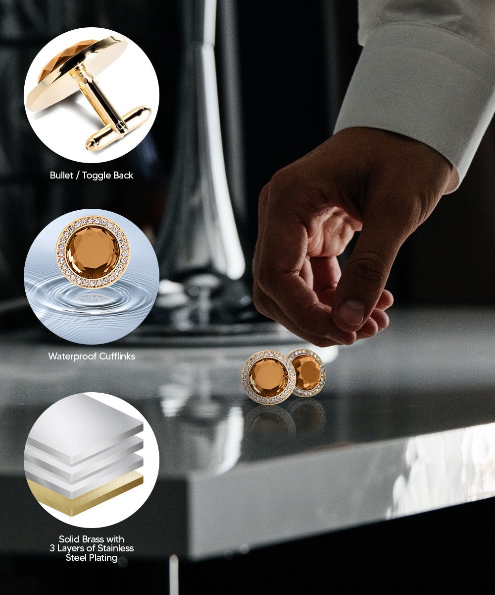 Vittorio Vico Discus Crystal Colorstone Bling Cufflinks: CL11XX Series - Brown and Gold - Cufflinks - Vittorio Vico
