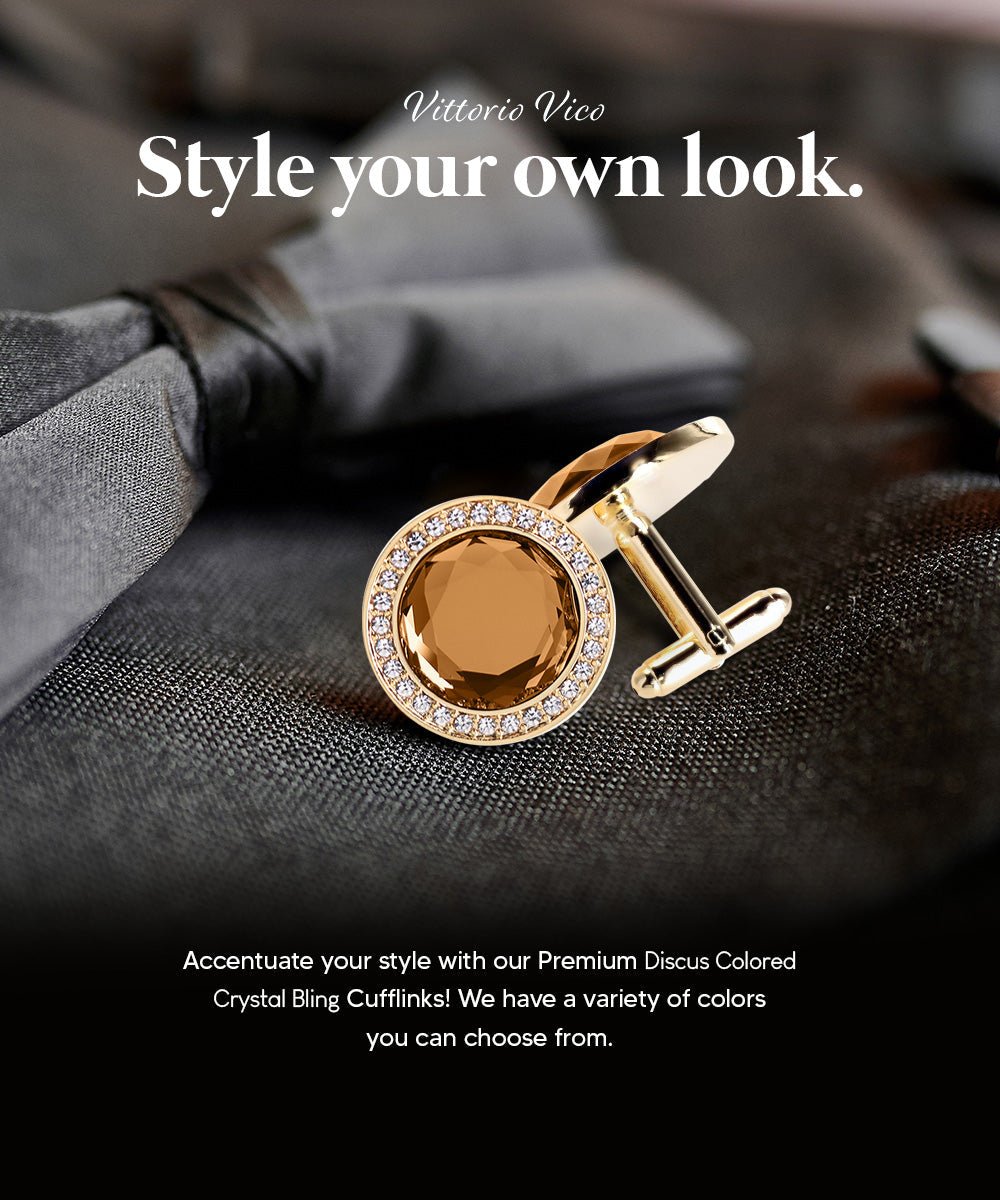 Vittorio Vico Discus Crystal Colorstone Bling Cufflinks: CL11XX Series - Brown and Gold - Cufflinks - Vittorio Vico