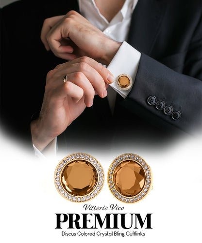 Vittorio Vico Discus Crystal Colorstone Bling Cufflinks: CL11XX Series - Brown and Gold - Cufflinks - Vittorio Vico