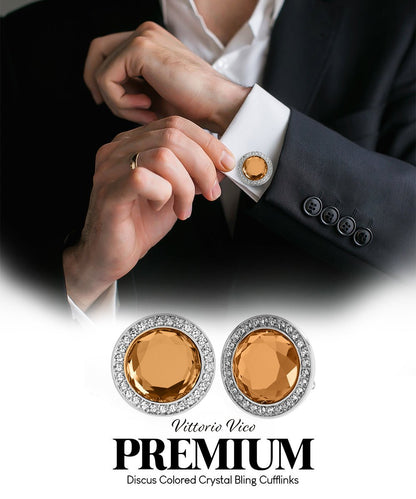 Vittorio Vico Discus Crystal Colorstone Bling Cufflinks: CL11XX Series - Brown and Silver - Cufflinks - Vittorio Vico