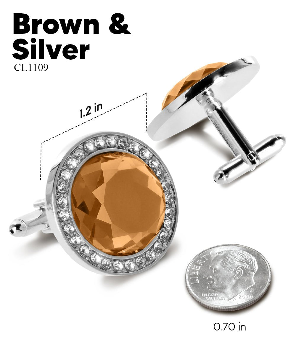 Vittorio Vico Discus Crystal Colorstone Bling Cufflinks: CL11XX Series - Brown and Silver - Cufflinks - Vittorio Vico