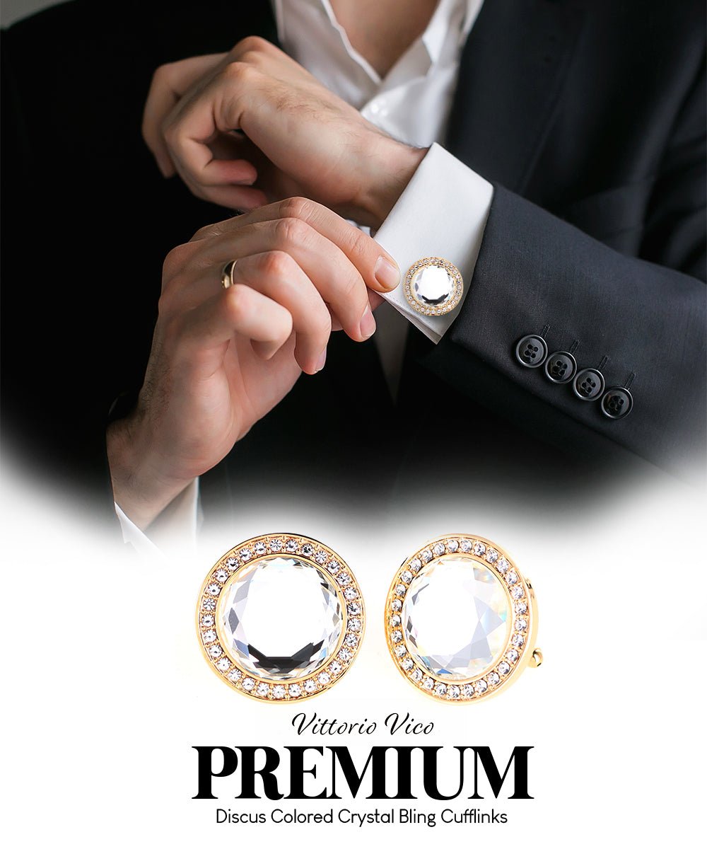 Vittorio Vico Discus Crystal Colorstone Bling Cufflinks: CL11XX Series - Clear and Gold - Cufflinks - Vittorio Vico