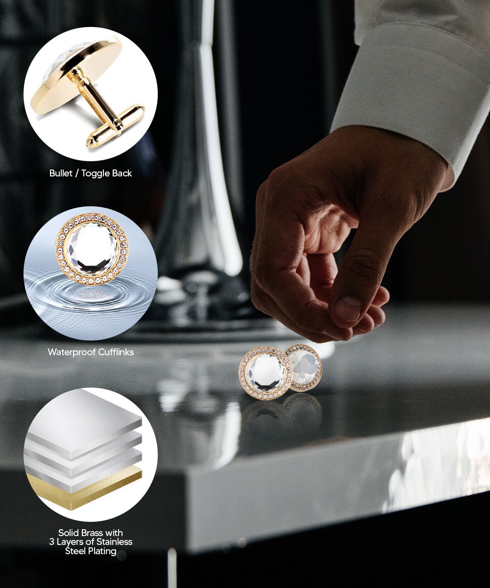 Vittorio Vico Discus Crystal Colorstone Bling Cufflinks: CL11XX Series - Clear and Gold - Cufflinks - Vittorio Vico