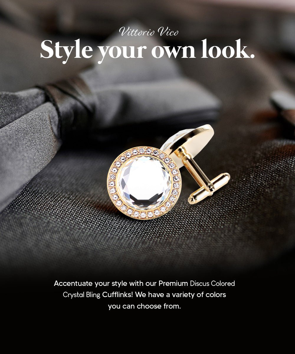 Vittorio Vico Discus Crystal Colorstone Bling Cufflinks: CL11XX Series - Clear and Gold - Cufflinks - Vittorio Vico