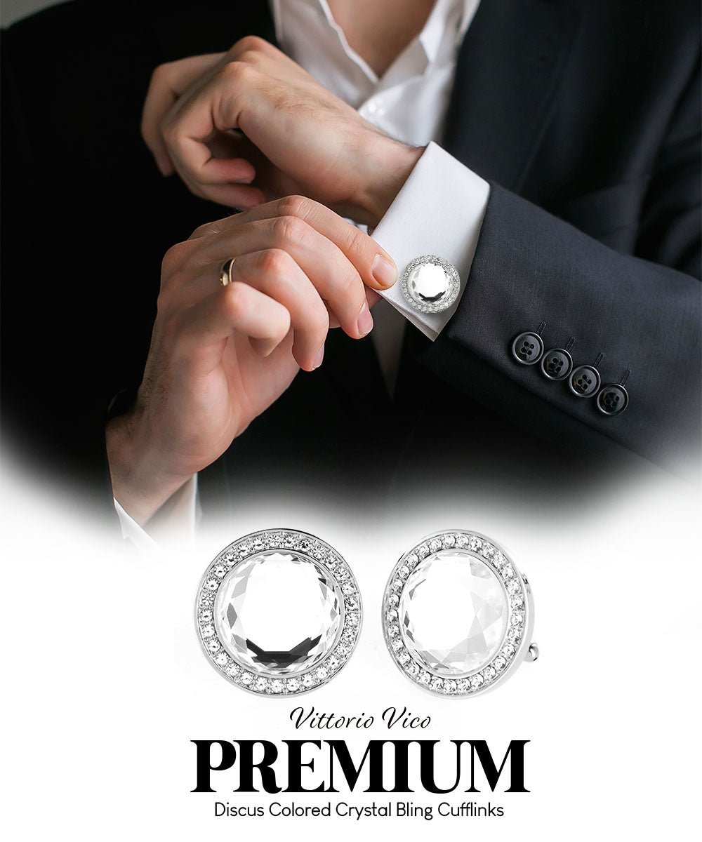 Vittorio Vico Discus Crystal Colorstone Bling Cufflinks: CL11XX Series - Clear and Silver - Cufflinks - Vittorio Vico