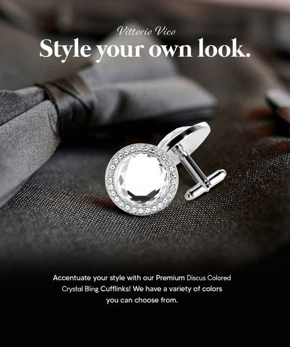 Vittorio Vico Discus Crystal Colorstone Bling Cufflinks: CL11XX Series - Clear and Silver - Cufflinks - Vittorio Vico