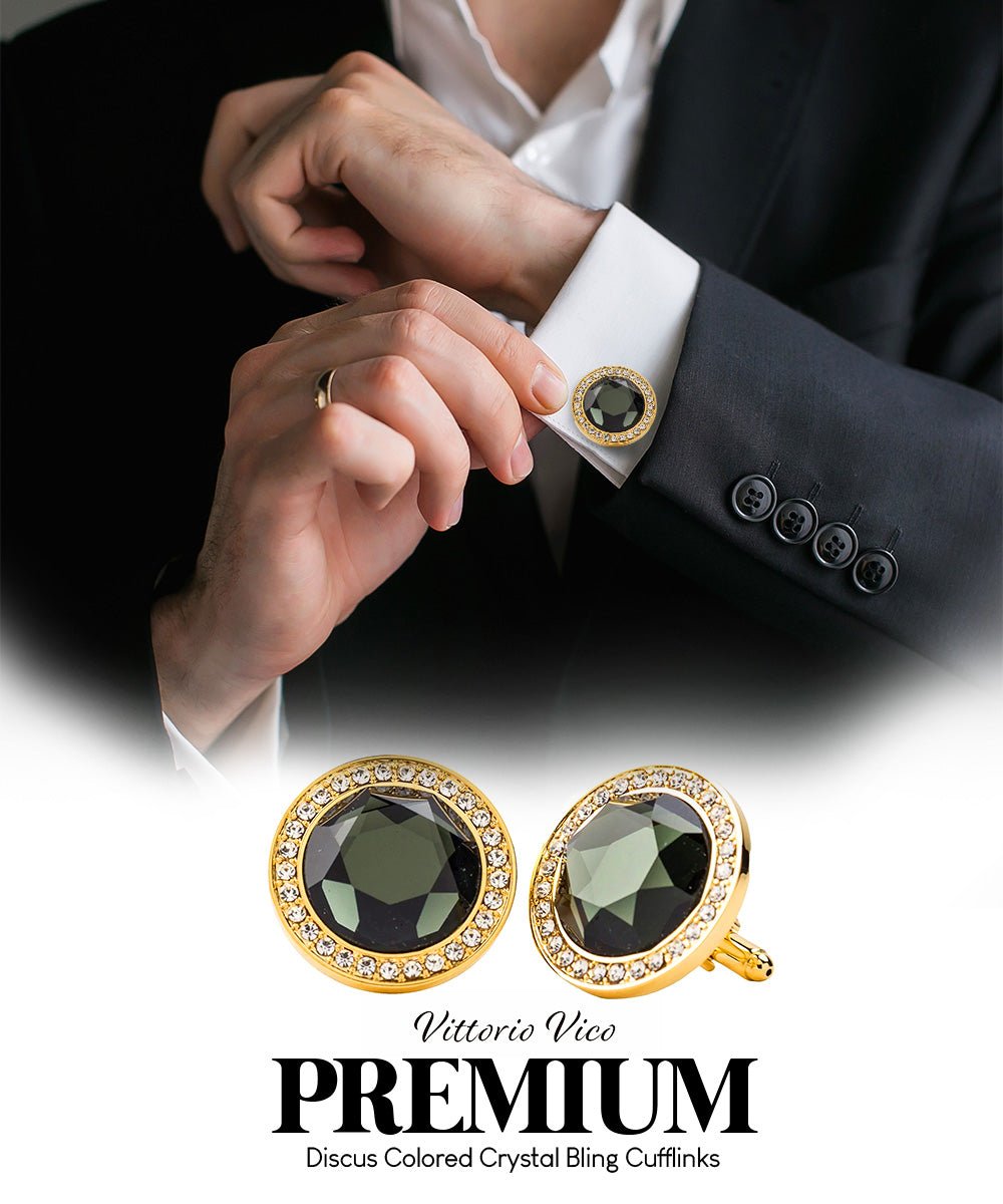 Vittorio Vico Discus Crystal Colorstone Bling Cufflinks: CL11XX Series - Olive Green and Gold - Cufflinks - Vittorio Vico