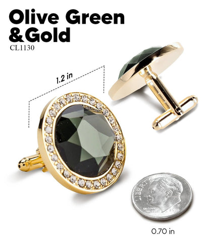 Vittorio Vico Discus Crystal Colorstone Bling Cufflinks: CL11XX Series - Olive Green and Gold - Cufflinks - Vittorio Vico