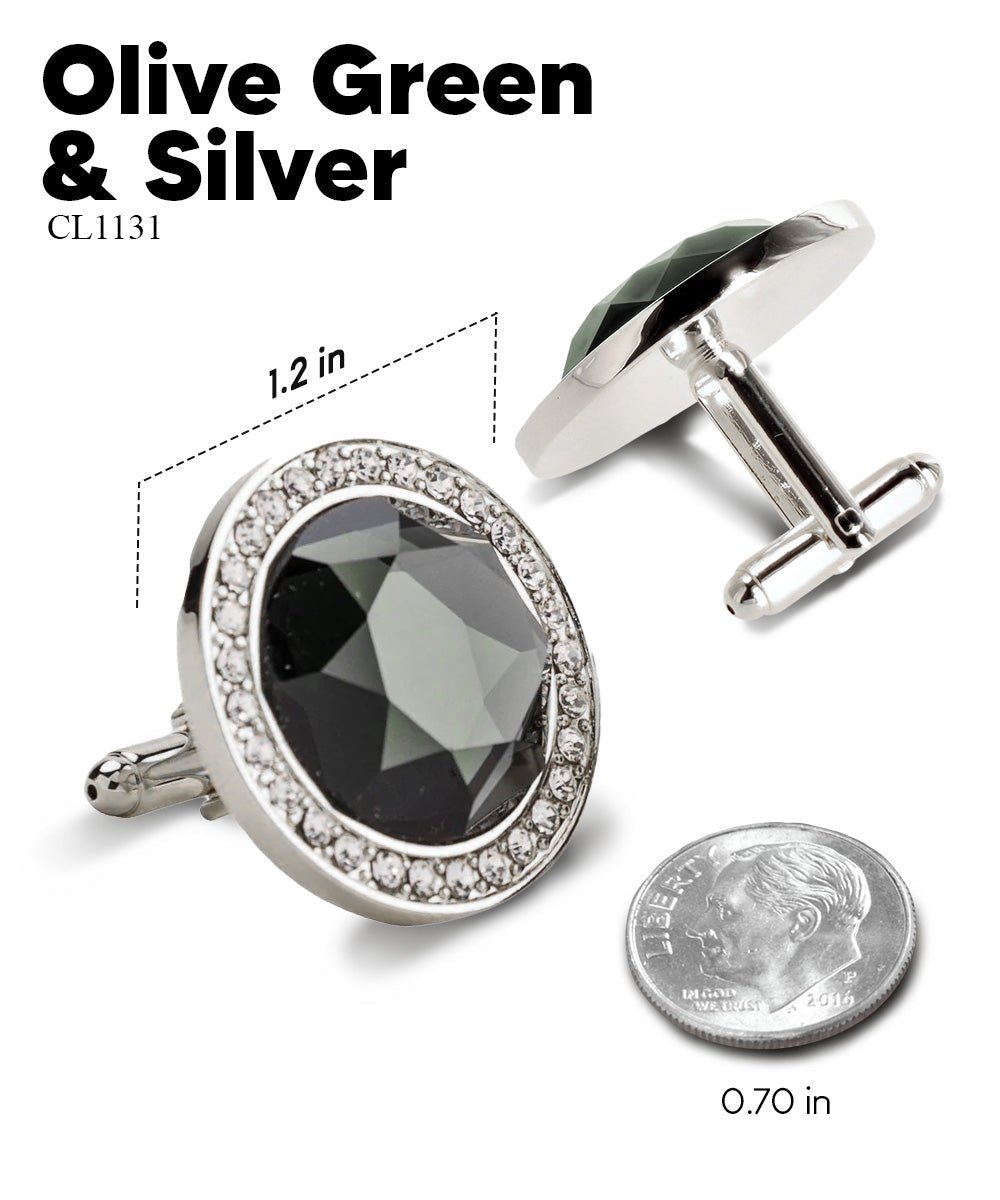 Vittorio Vico Discus Crystal Colorstone Bling Cufflinks: CL11XX Series - Olive Green and Silver - Cufflinks - Vittorio Vico