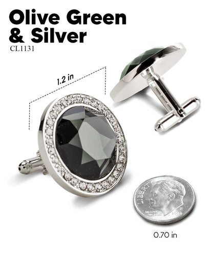 Vittorio Vico Discus Crystal Colorstone Bling Cufflinks: CL11XX Series - Olive Green and Silver - Cufflinks - Vittorio Vico