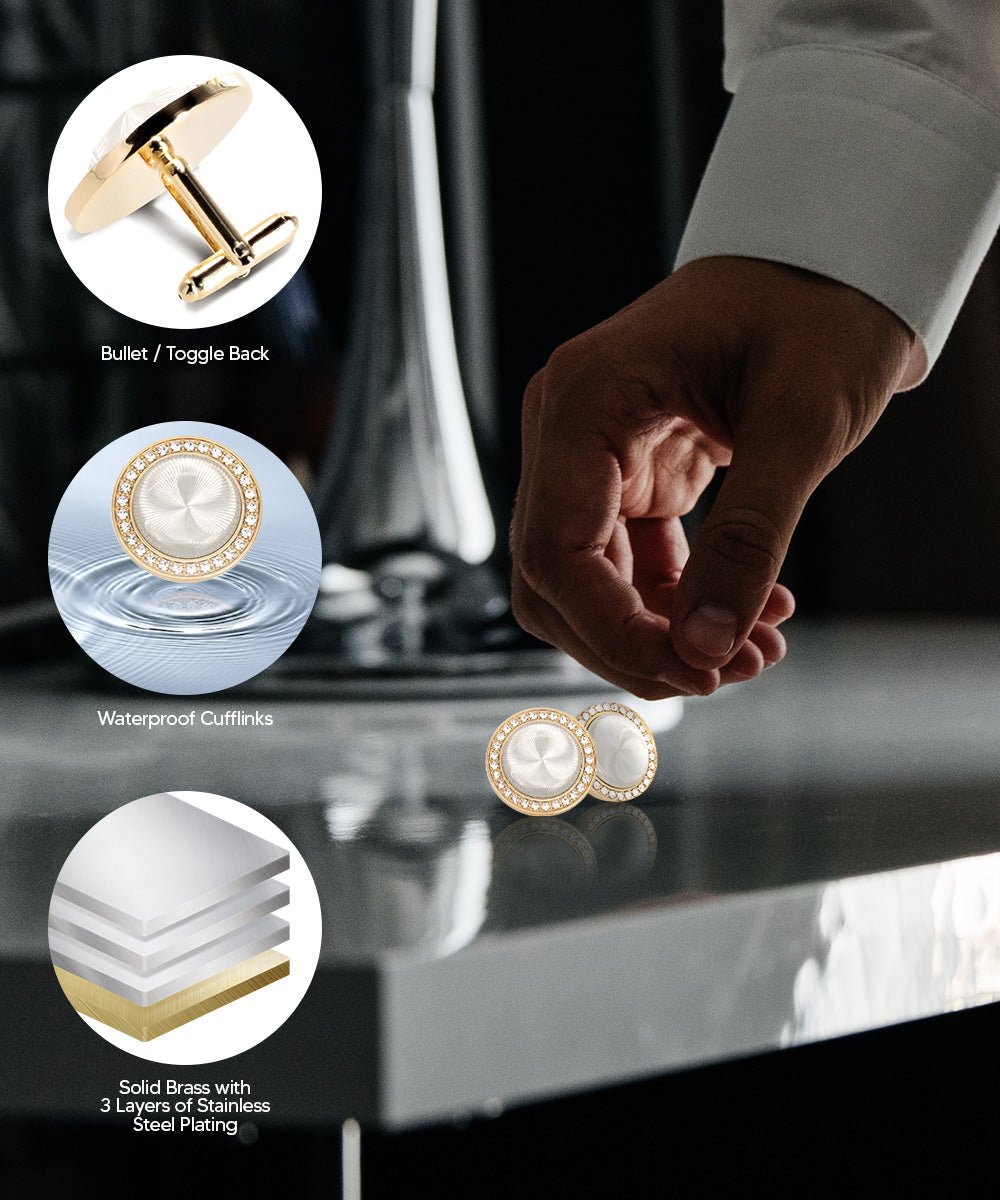 Vittorio Vico Discus Crystal Colorstone Bling Cufflinks: CL11XX Series - Pearl and Gold - Cufflinks - Vittorio Vico