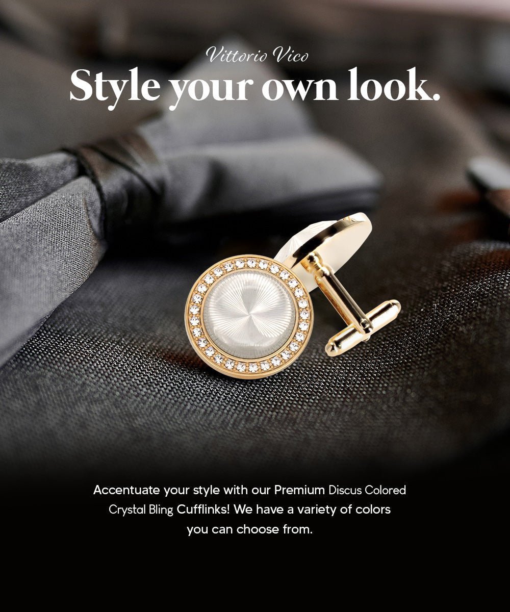 Vittorio Vico Discus Crystal Colorstone Bling Cufflinks: CL11XX Series - Pearl and Gold - Cufflinks - Vittorio Vico