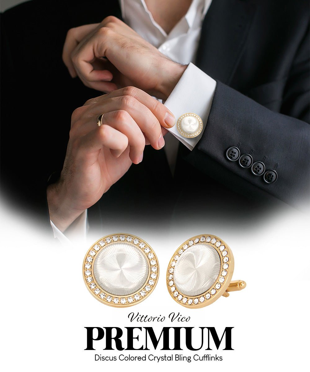 Vittorio Vico Discus Crystal Colorstone Bling Cufflinks: CL11XX Series - Pearl and Gold - Cufflinks - Vittorio Vico