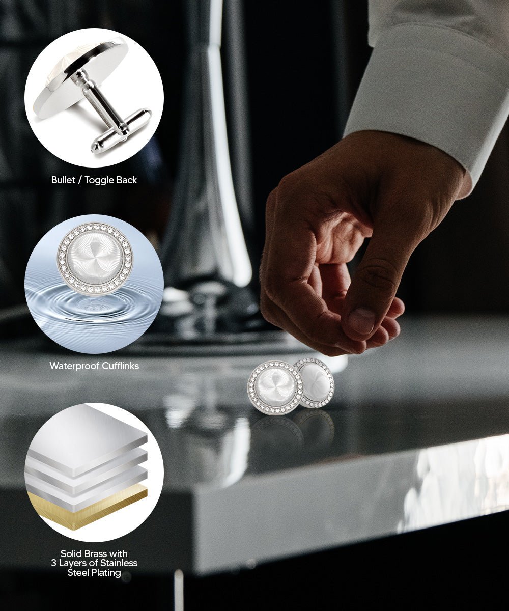 Vittorio Vico Discus Crystal Colorstone Bling Cufflinks: CL11XX Series - Pearl and Silver - Cufflinks - Vittorio Vico