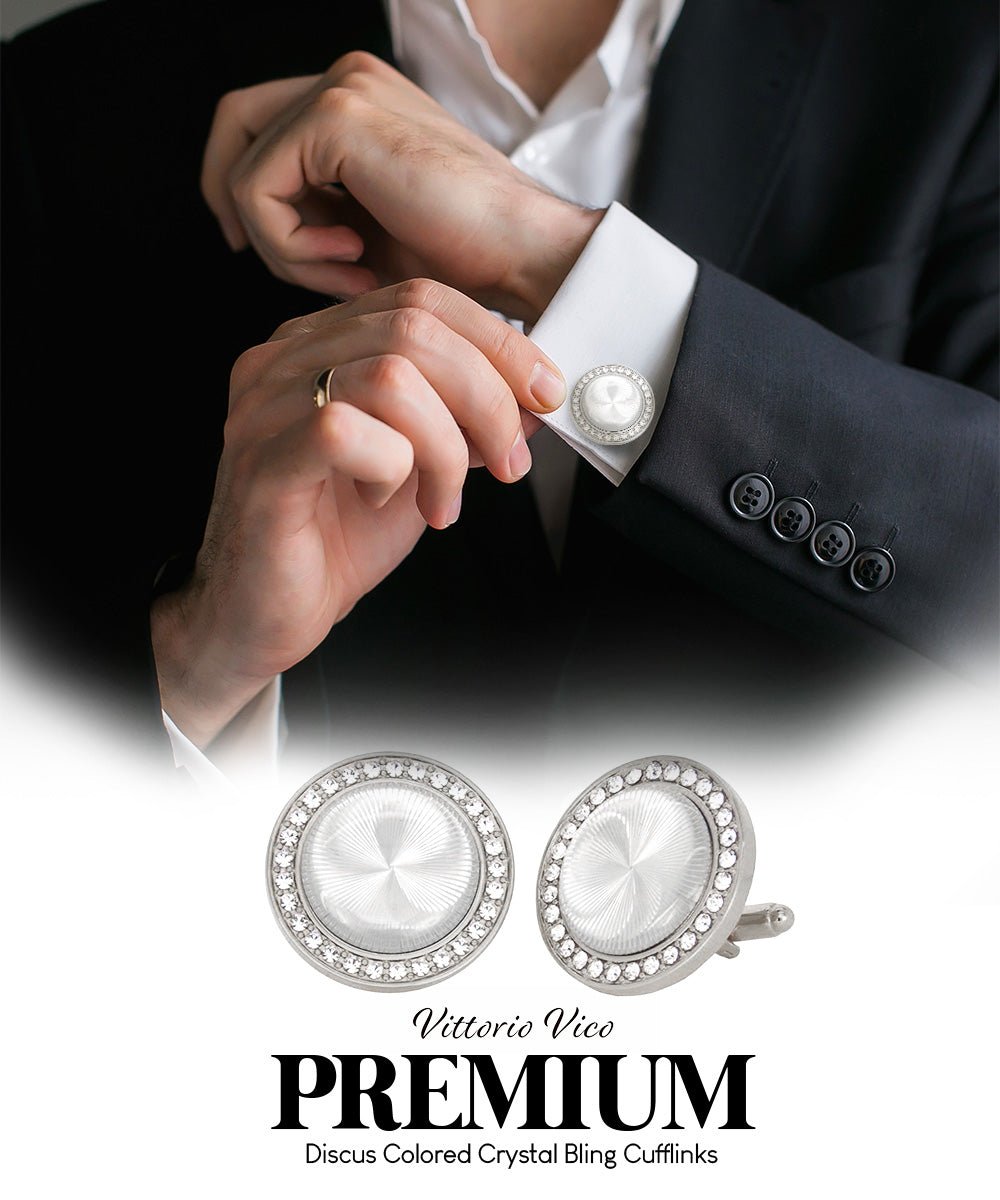 Vittorio Vico Discus Crystal Colorstone Bling Cufflinks: CL11XX Series - Pearl and Silver - Cufflinks - Vittorio Vico