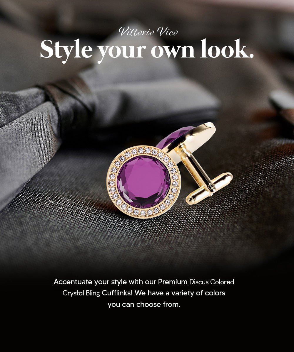 Vittorio Vico Discus Crystal Colorstone Bling Cufflinks: CL11XX Series - Purple and Gold - Cufflinks - Vittorio Vico