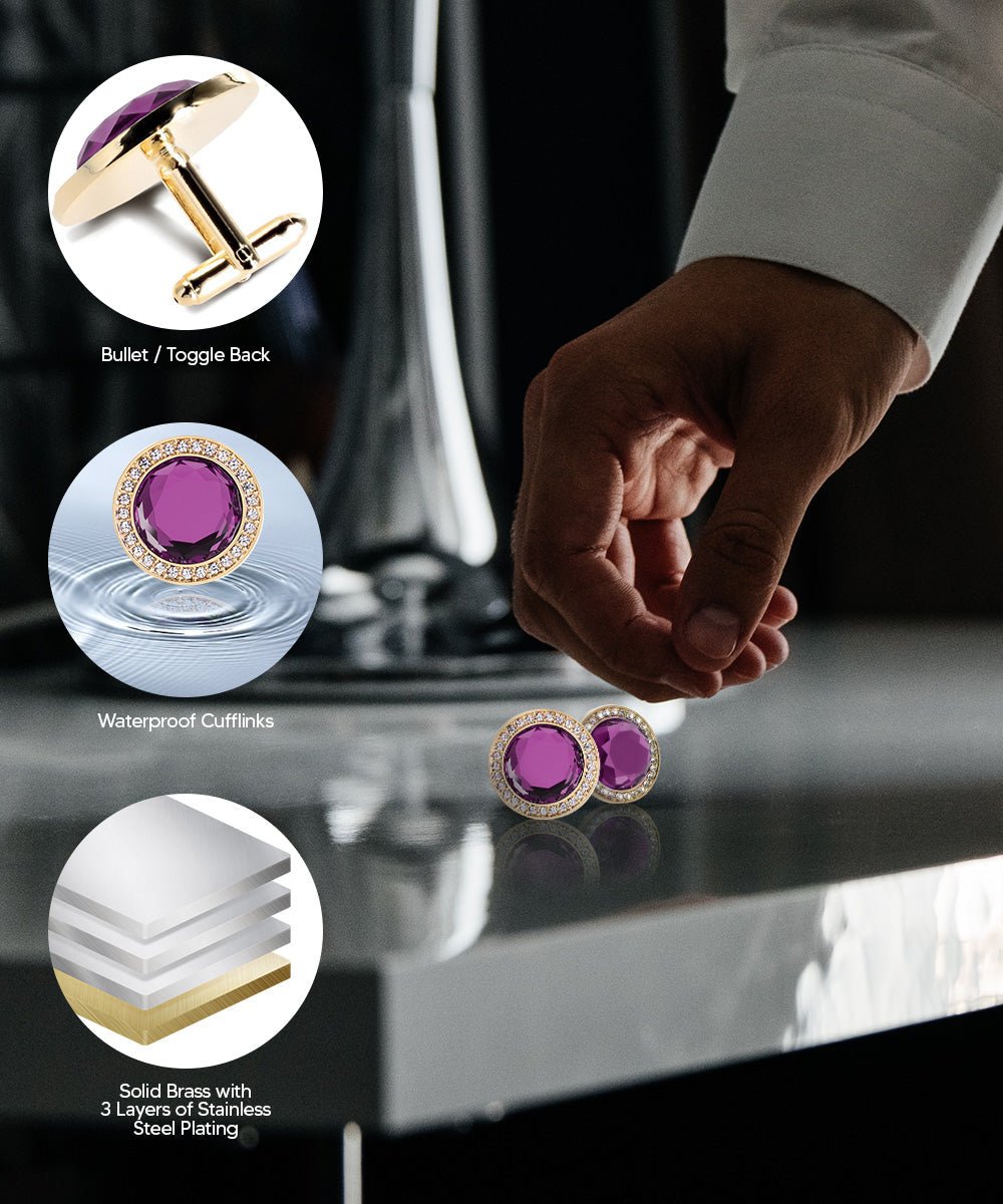 Vittorio Vico Discus Crystal Colorstone Bling Cufflinks: CL11XX Series - Purple and Gold - Cufflinks - Vittorio Vico