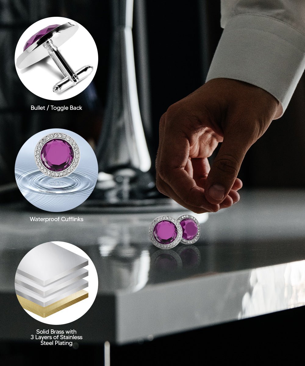 Vittorio Vico Discus Crystal Colorstone Bling Cufflinks: CL11XX Series - Purple and Silver - Cufflinks - Vittorio Vico