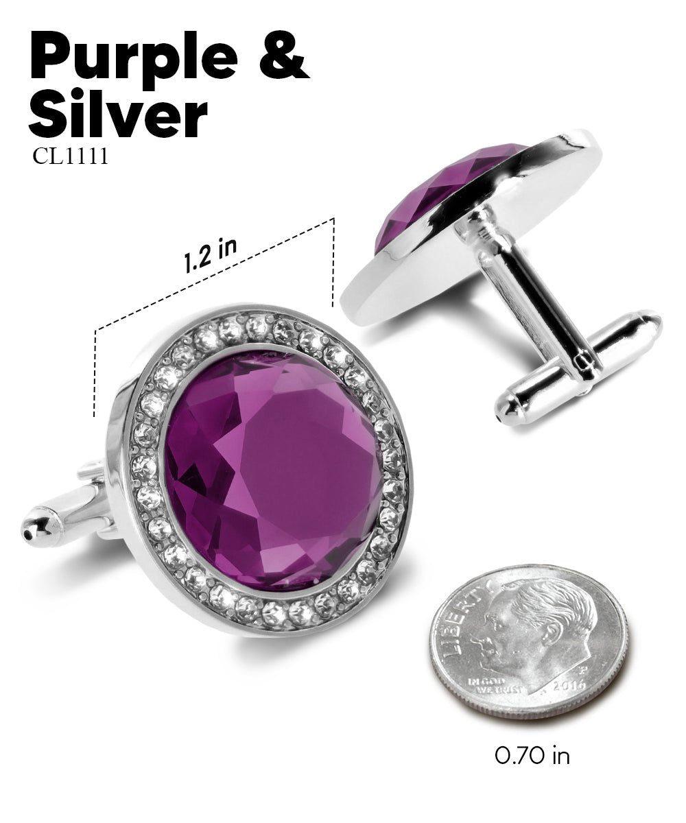 Vittorio Vico Discus Crystal Colorstone Bling Cufflinks: CL11XX Series - Purple and Silver - Cufflinks - Vittorio Vico