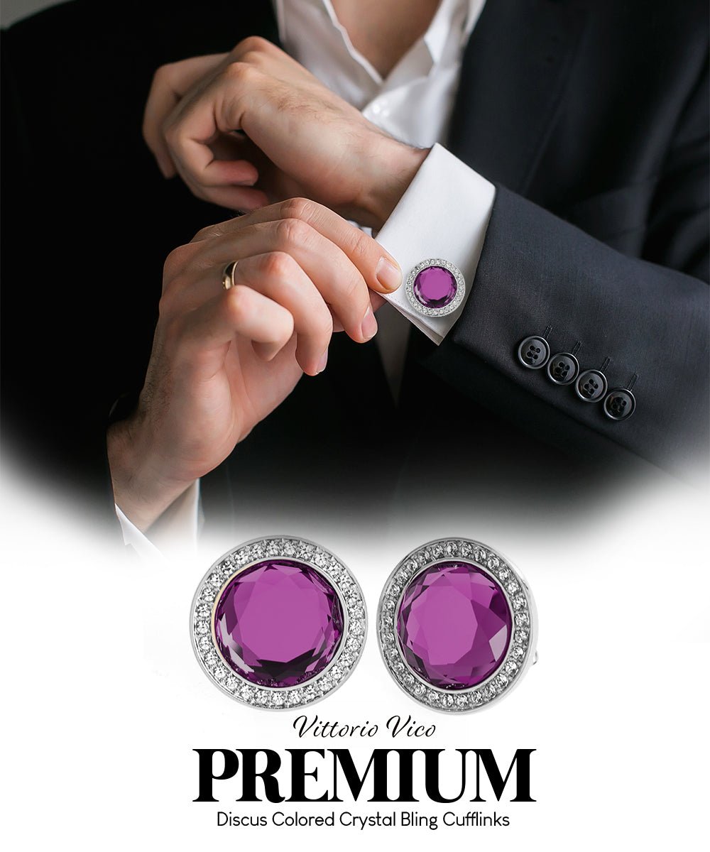 Vittorio Vico Discus Crystal Colorstone Bling Cufflinks: CL11XX Series - Purple and Silver - Cufflinks - Vittorio Vico