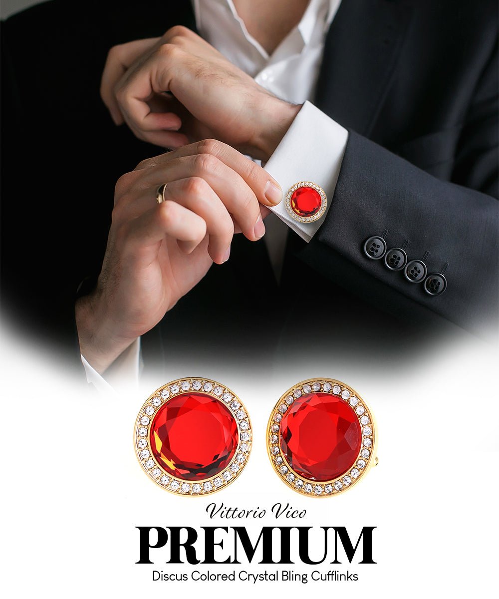 Vittorio Vico Discus Crystal Colorstone Bling Cufflinks: CL11XX Series - Red and Gold - Cufflinks - Vittorio Vico