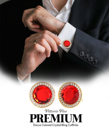 Vittorio Vico Discus Crystal Colorstone Bling Cufflinks: CL11XX Series - Red and Gold - Cufflinks - Vittorio Vico