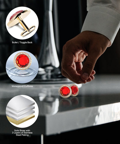 Vittorio Vico Discus Crystal Colorstone Bling Cufflinks: CL11XX Series - Red and Gold - Cufflinks - Vittorio Vico