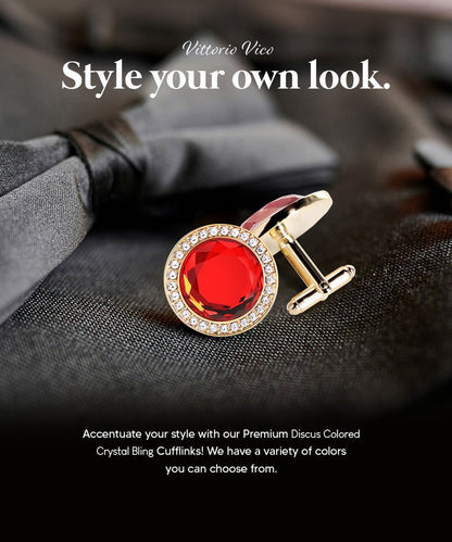 Vittorio Vico Discus Crystal Colorstone Bling Cufflinks: CL11XX Series - Red and Gold - Cufflinks - Vittorio Vico