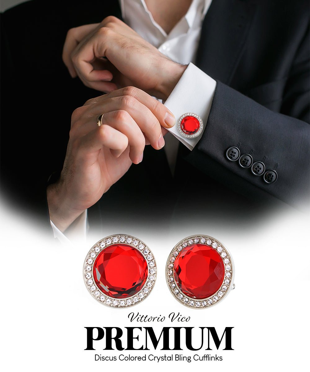 Vittorio Vico Discus Crystal Colorstone Bling Cufflinks: CL11XX Series - Red and Silver - Cufflinks - Vittorio Vico