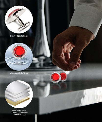 Vittorio Vico Discus Crystal Colorstone Bling Cufflinks: CL11XX Series - Red and Silver - Cufflinks - Vittorio Vico