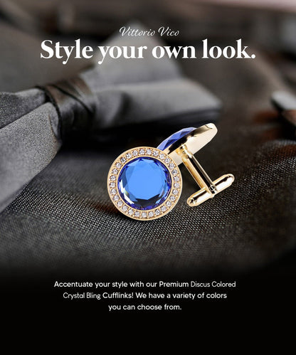 Vittorio Vico Discus Crystal Colorstone Bling Cufflinks: CL11XX Series - Royal Blue and Gold - Cufflinks - Vittorio Vico