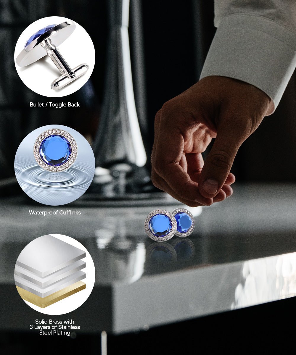 Vittorio Vico Discus Crystal Colorstone Bling Cufflinks: CL11XX Series - Royal Blue and Silver - Cufflinks - Vittorio Vico