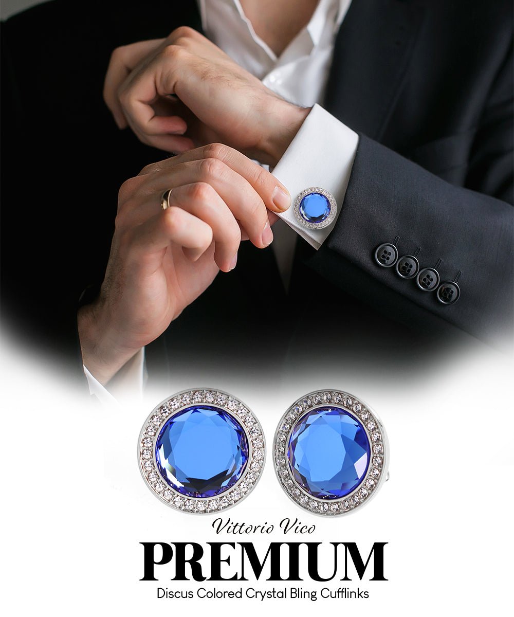 Vittorio Vico Discus Crystal Colorstone Bling Cufflinks: CL11XX Series - Royal Blue and Silver - Cufflinks - Vittorio Vico