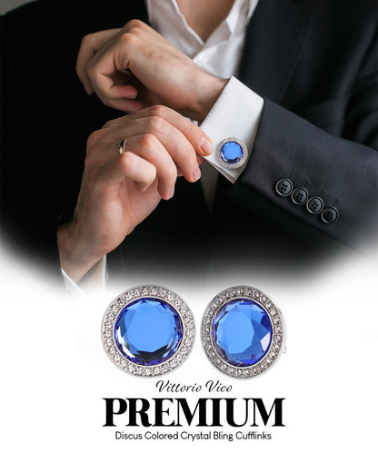 Vittorio Vico Discus Crystal Colorstone Bling Cufflinks: CL11XX Series - Royal Blue and Silver - Cufflinks - Vittorio Vico