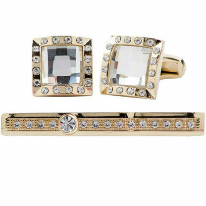 Vittorio Vico Gold Rhinestone Cufflinks & Tie Bar Set in Gift Box - CR-038 - Cufflink & Tiebar Set - Vittorio Vico