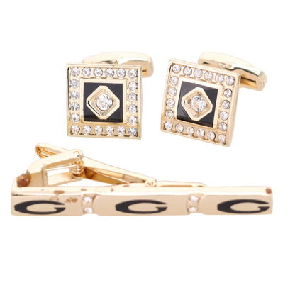 Vittorio Vico Gold Rhinestone Cufflinks & Tie Bar Set in Gift Box - CR-048 - Cufflink & Tiebar Set - Vittorio Vico