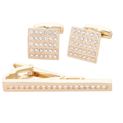 Vittorio Vico Gold Rhinestone Cufflinks & Tie Bar Set in Gift Box - CR-050 - Cufflink & Tiebar Set - Vittorio Vico