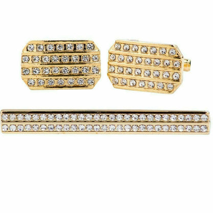 Vittorio Vico Gold Rhinestone Cufflinks & Tie Bar Set in Gift Box - CR-059 - Cufflink & Tiebar Set - Vittorio Vico