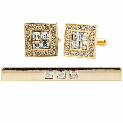 Vittorio Vico Gold Rhinestone Cufflinks & Tie Bar Set in Gift Box - CR-062 - Cufflink & Tiebar Set - Vittorio Vico