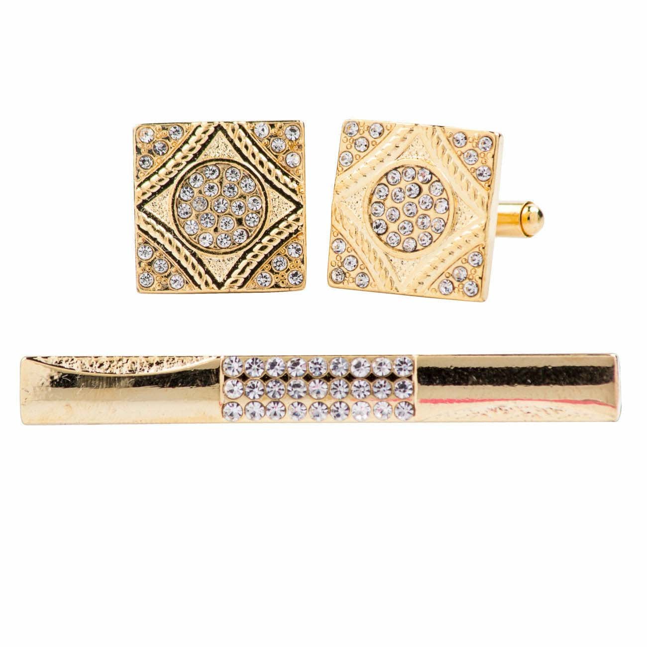 Vittorio Vico Gold Rhinestone Cufflinks & Tie Bar Set in Gift Box - CR-064 - Cufflink & Tiebar Set - Vittorio Vico