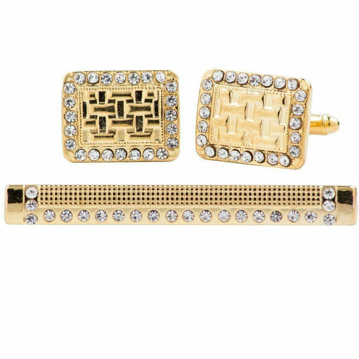 Vittorio Vico Gold Rhinestone Cufflinks & Tie Bar Set in Gift Box - CR-075 - Cufflink & Tiebar Set - Vittorio Vico