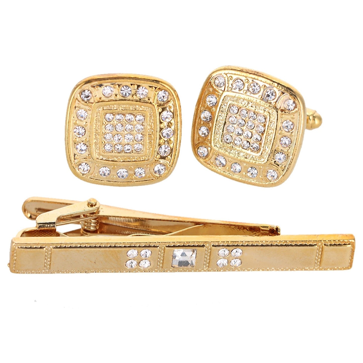 Vittorio Vico Gold Rhinestone Cufflinks & Tie Bar Set in Gift Box - CR-093 - Cufflink & Tiebar Set - Vittorio Vico