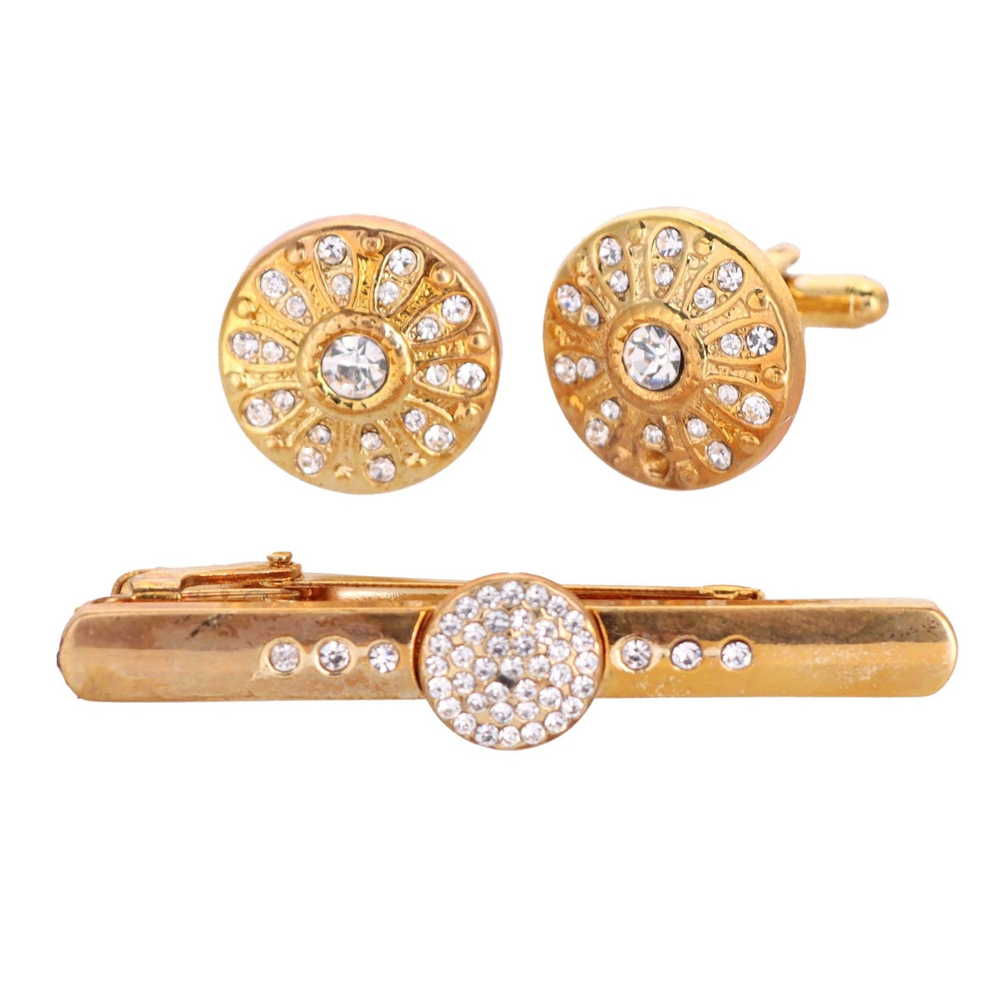 Vittorio Vico Gold Rhinestone Cufflinks & Tie Bar Set in Gift Box - Gold - Cufflink & Tiebar Set - Vittorio Vico