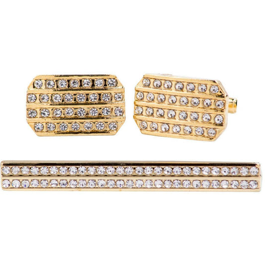 Vittorio Vico Gold Rhinestone Cufflinks & Tie Bar Set in Gift Box - Gold - Cufflink & Tiebar Set - Vittorio Vico