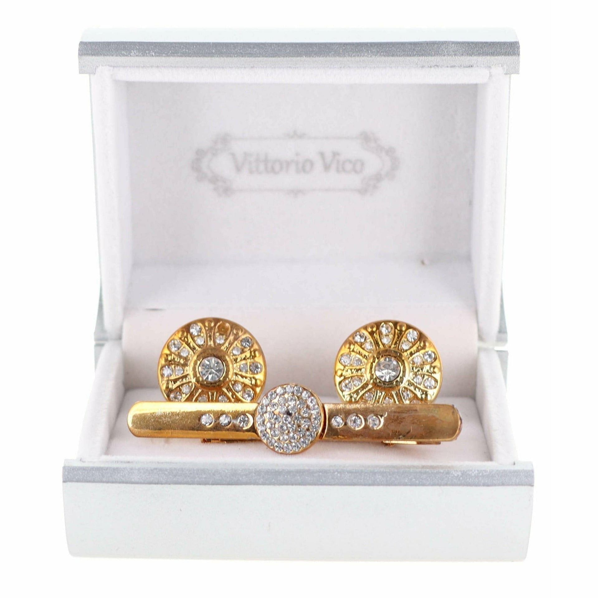 Vittorio Vico Gold Rhinestone Cufflinks & Tie Bar Set in Gift Box - Gold - Cufflink & Tiebar Set - Vittorio Vico