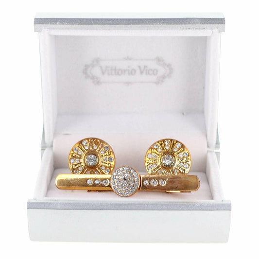 Vittorio Vico Gold Rhinestone Cufflinks & Tie Bar Set in Gift Box - Gold - Cufflink & Tiebar Set - Vittorio Vico