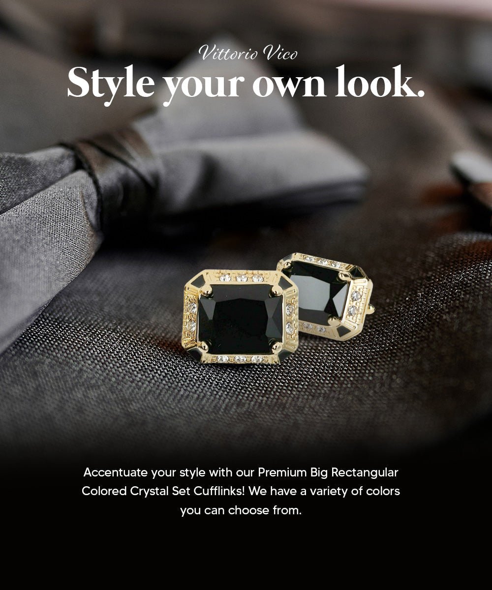 Vittorio Vico Large Big Rectangular Crystal Colorstone Cufflinks: CL73XX Series - Black and Gold - Cufflinks - Vittorio Vico