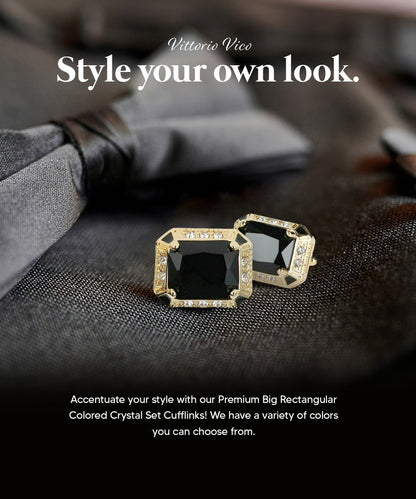 Vittorio Vico Large Big Rectangular Crystal Colorstone Cufflinks: CL73XX Series - Black and Gold - Cufflinks - Vittorio Vico
