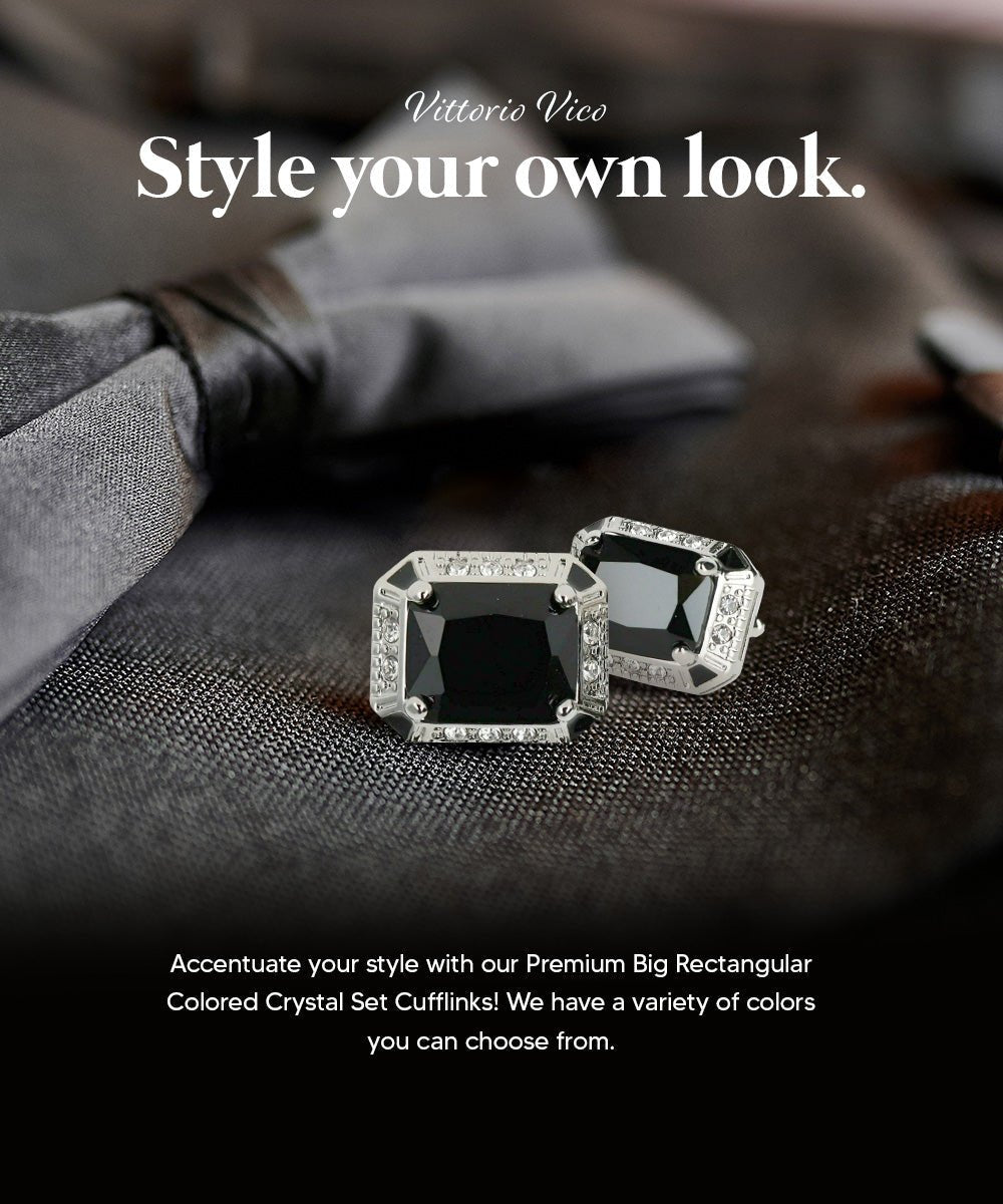 Vittorio Vico Large Big Rectangular Crystal Colorstone Cufflinks: CL73XX Series - Black and Silver - Cufflinks - Vittorio Vico