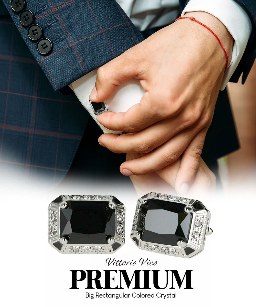 Vittorio Vico Large Big Rectangular Crystal Colorstone Cufflinks: CL73XX Series - Black and Silver - Cufflinks - Vittorio Vico